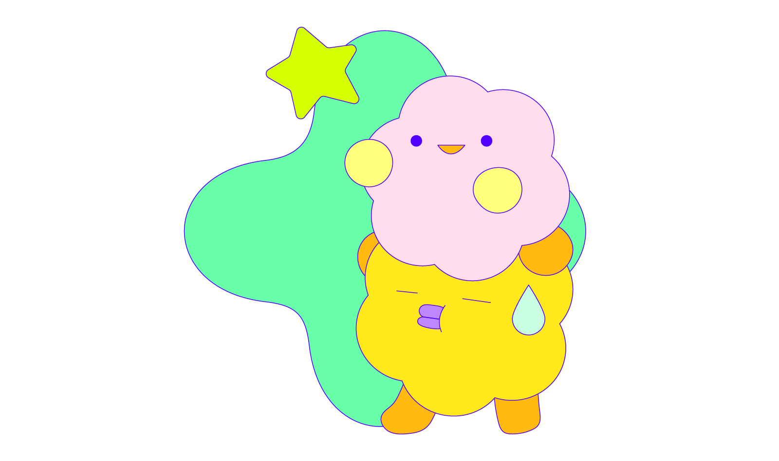 Two fuzzballs standing on top of each other reaching for a star
