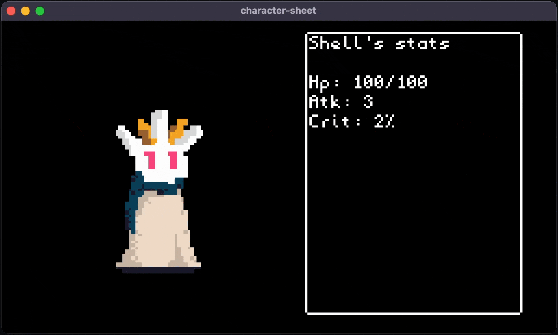 Character sheet with stats and animation loop every 6 seconds