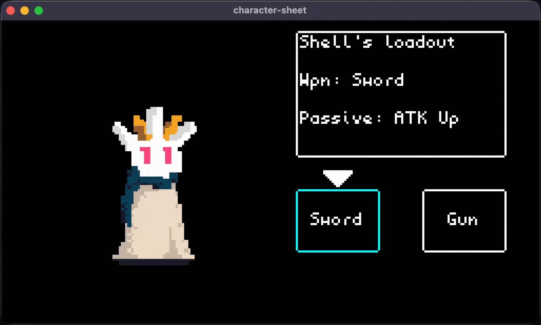 Loadout screen completed with character playing animation specific to weapon selected